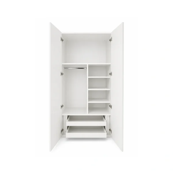 Placard melamínico blanco 2 puertas con estantes, perchero y zapatera