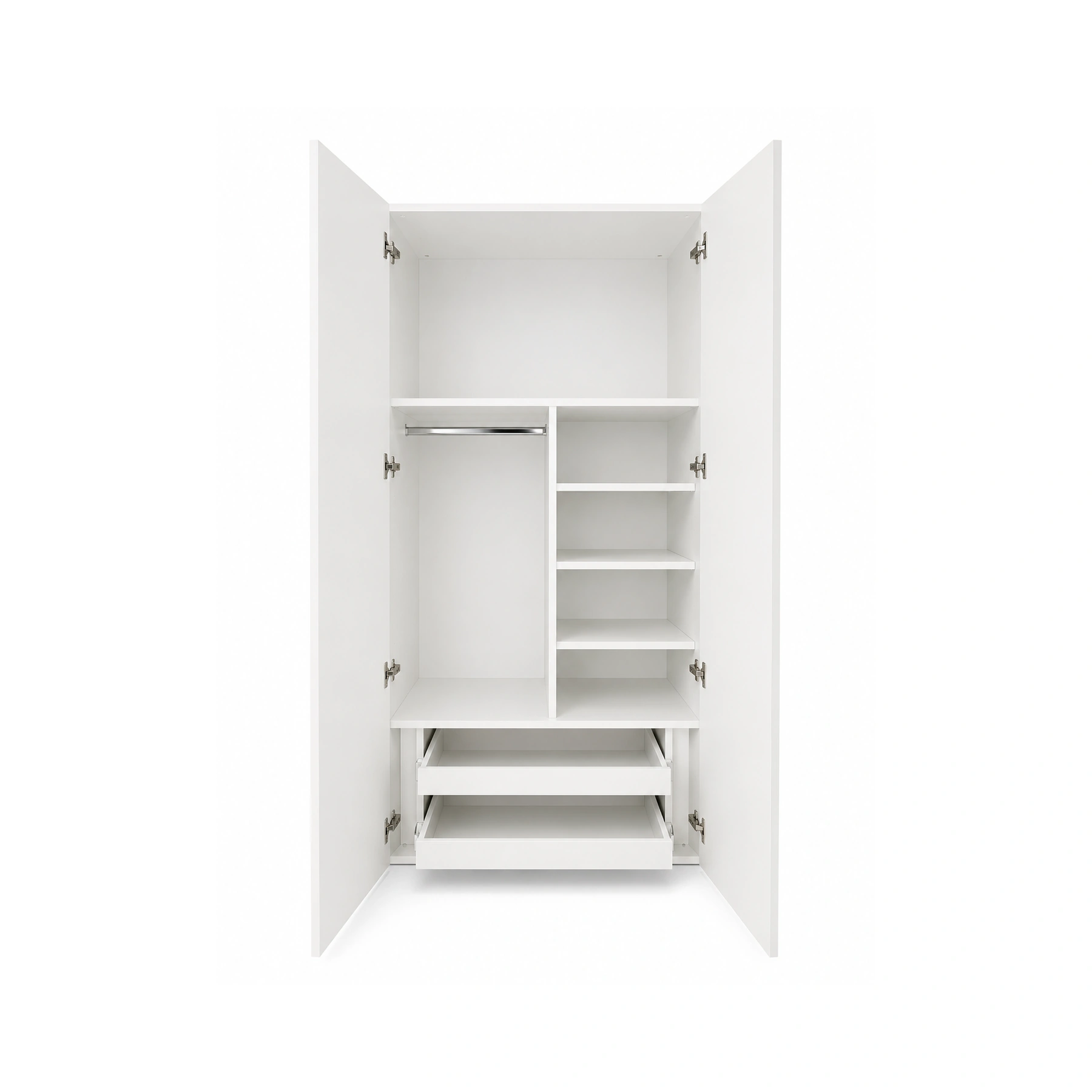 Placard melamínico blanco 2 puertas con estantes, perchero y zapatera