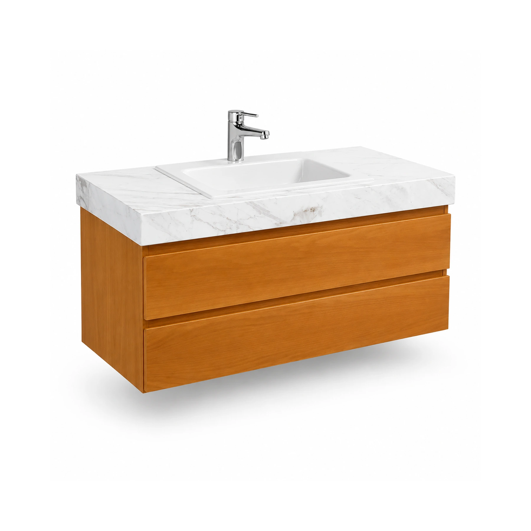 Mueble de baño flotante en madera con mesada símil mármol