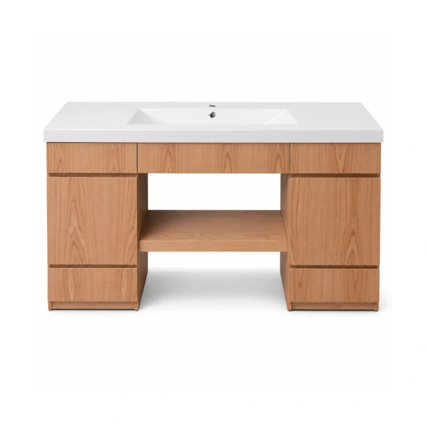 Mueble de baño a medida en melamínico tono madera con mesada blanca