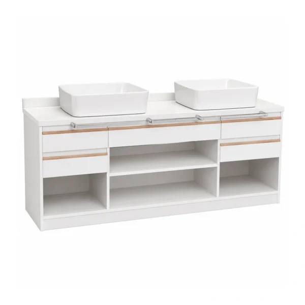 Mueble de baño doble bacha blanco con detalles en madera
