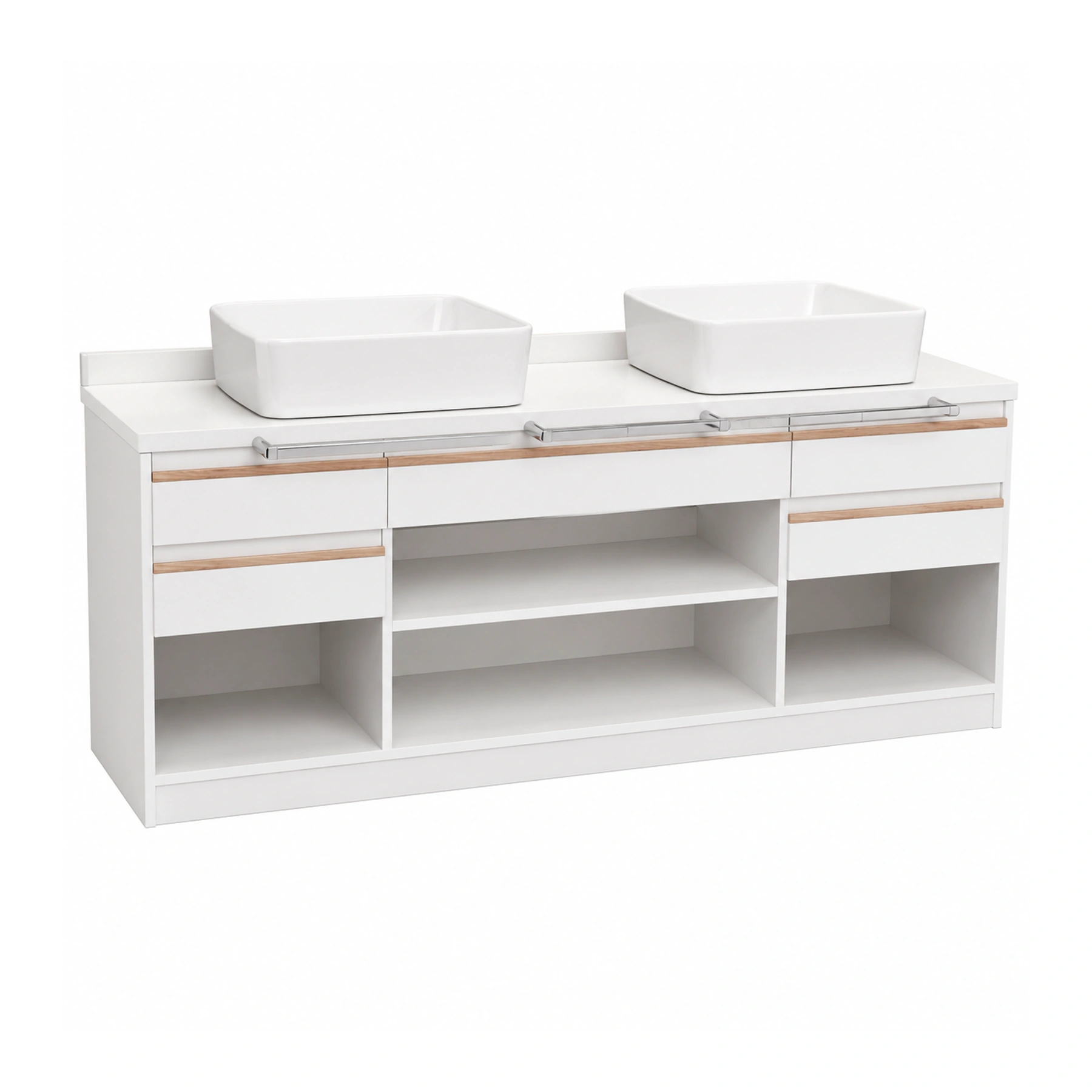 Mueble de baño doble bacha blanco con detalles en madera